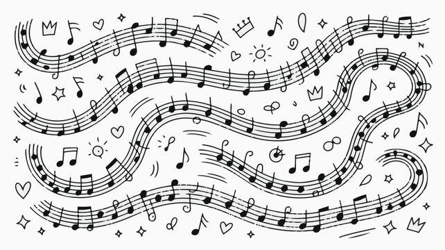 Seamless background pattern with wavy musical staves and various handwritten doodles elements