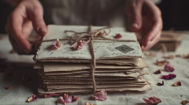 Hands Untying Twine from Stacked Letters.