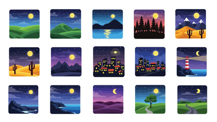 A collection of fifteen stylized flat design icons depicting diverse nighttime landscape scenes under the glow of the moon
