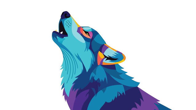 Vibrant pop art style illustration captures the profile of a howling wolf head rendered in striking shades of blue purple and orange