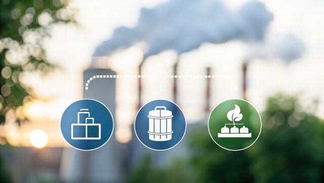 Utilization and Storage (CCUS) Industrial icons overlayed on a blurred background of smokestacks, highlighting pollution and waste management themes.