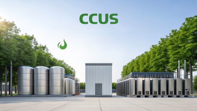 Utilization and Storage (CCUS) Innovative carbon capture and storage facility with green technology and modern design surrounded by trees.