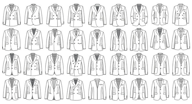Grid of professional mens suit jacket and blazer templates in black and white line art showing various button configurations and lapel styles.