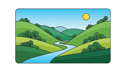 Obraz premium Simple cartoon illustration depicts a serene landscape with rolling green hills a winding blue river flowing through the valley under a bright clear sky with a yellow sun shining.