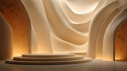 Cloud Dancer themed A modern, abstract interior design curved, wavy walls and a circular platform Colour of the Year 2026