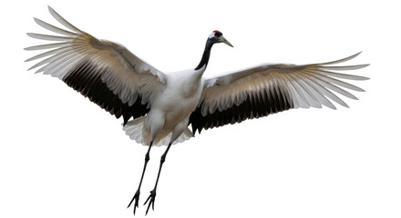 Fototapeta premium A majestic red-crowned crane in dynamic flight with fully spread wings, isolated on a seamless transparent studio background, emphasizing feather detail and contrast. Study of avian grace and power