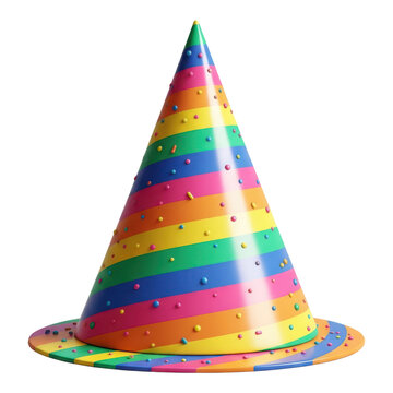 Colorful rainbow party hat with confetti isolated on transparent background for celebration