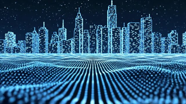 Digital cityscape abstract low poly buildings with dot grid technology background