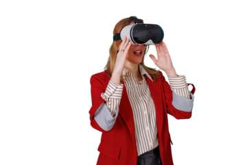 Woman exploring virtual reality metaverse experience with vr headset and hands raised, transparent background