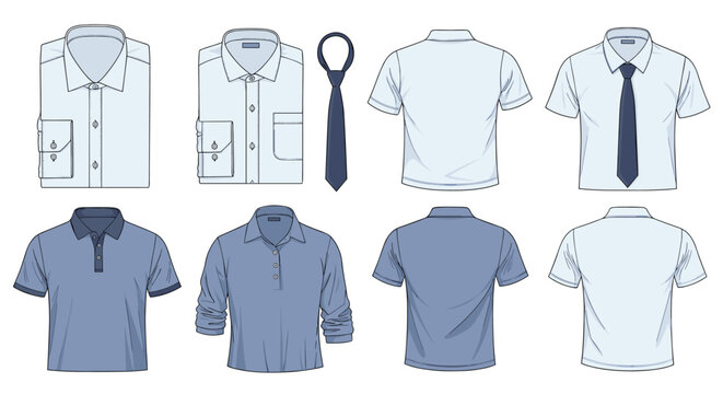 Collection of mens clothing templates including formal dress shirts casual polo shirts and neckties in various professional shades of blue and white.