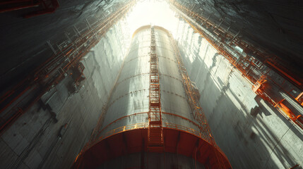 Inside an Industrial Structure with Tall Silos and Dramatic Lighting