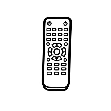 Universal Remote Control Hand Drawn Vector Icon. TV Media Controller Doodle Black Outline Line Art Sketch Symbol.