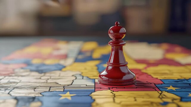 Chess pieces on a colorful map ready for a strategic game in an inviting indoor setting