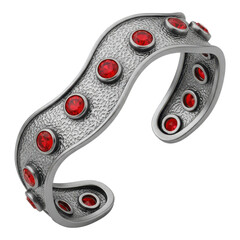 Obraz premium Silver cuff bracelet with red gemstones on transparent background
