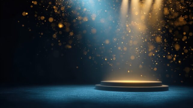 Dark blue abstract stage background with golden lines and glitter, realistic 3D for award design, elegant template