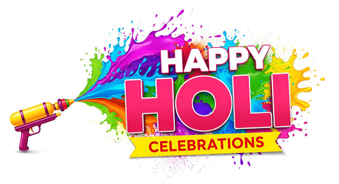 Happy Holi Festival Vector Illustration with Colorful Powder Splash, Pichkari, and Traditional Pot