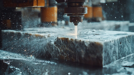 Waterjet Cutting Process on Stone with Dynamic Splash Effects