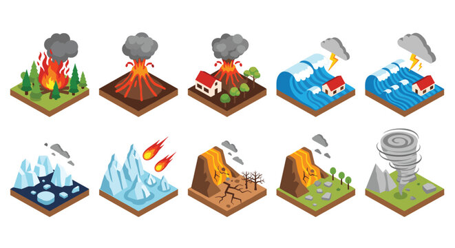 Isometric icons representing different natural disasters including forest fires volcanic eruptions tsunamis earthquakes landslides and tornadoes.