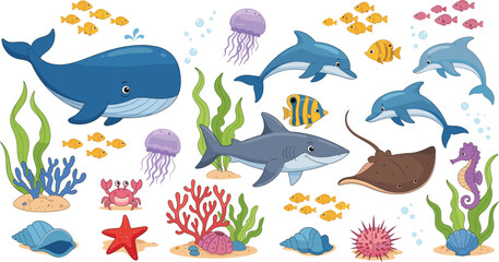 Cute cartoon underwater sea animals vector set with whale, dolphin, shark, stingray, fish, coral, and ocean life © Kharshad Creative