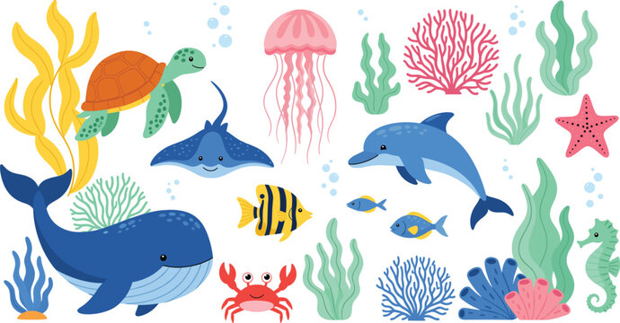 Cute cartoon underwater sea animals vector set with whale, dolphin, turtle, fish, jellyfish, coral, and plants