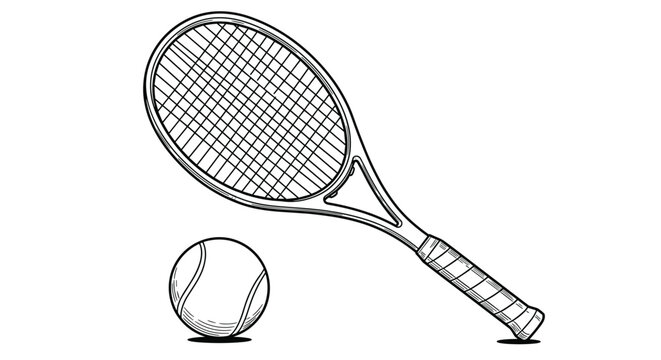 Detailed line art illustration of a tennis racket and a ball isolated on white background represents sports equipment and active recreation.