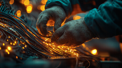 Hands Carefully Organizing Electrical Wires with Warm Light Glow
