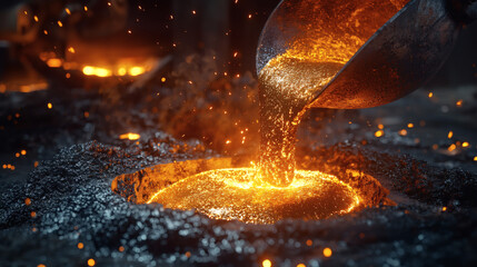 Molten Metal Pouring into Mold with Sparks and Glowing Embers