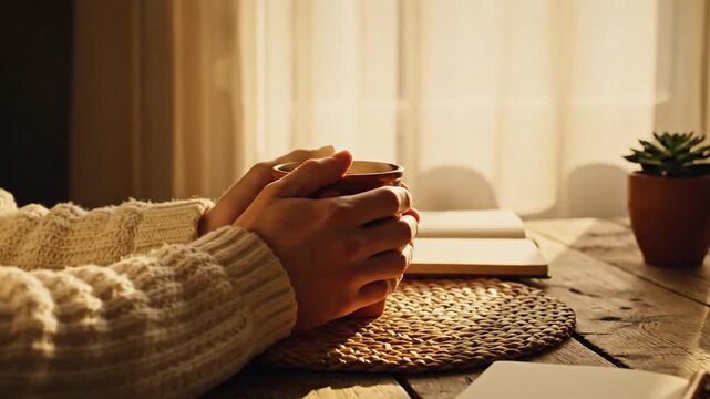 Person holding warm mug in cozy sunlit setting with wooden table and plants