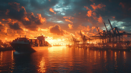 Cargo Ship at Port During Dramatic Sunset with Vibrant Colors