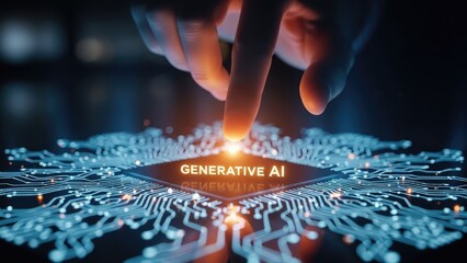 Obraz premium Human Hand Touching Generative AI Chip on Circuit Board.