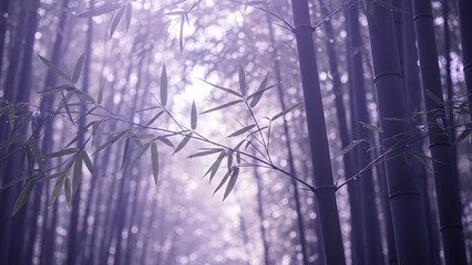 Arashiyama Bamboo Forest aesthetic featuring purple hues and soft light filtering through bamboo stalks