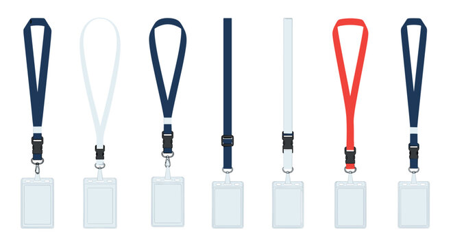 Professional set of colorful lanyards with plastic identification badge holders featuring blue white and red neck straps for corporate events.