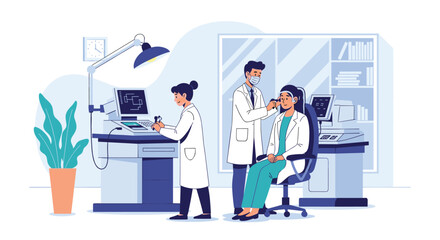 Medical illustration of an audiologist clinic where healthcare professionals perform hearing tests on a patient using specialized clinical equipment.