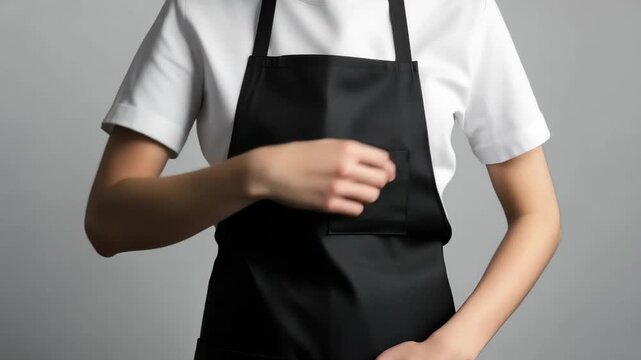 Black apron worn by a person with hands tucked into pockets, showcasing a minimalist style for culinary or service settings