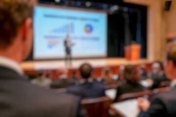 Fototapeta premium Audience at a conference listening to a presenter, focus on people's heads with speaker blurred in the background