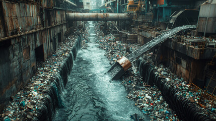 Pollution in Industrial Area with Debris and Contaminated Water