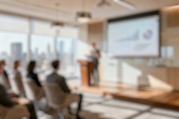 Obraz premium Blur Office meeting room blurred background of blurry boardroom presentation with work desk for business discussion, corporate conference, enterprise seminar.Suitable for corporate and business theme