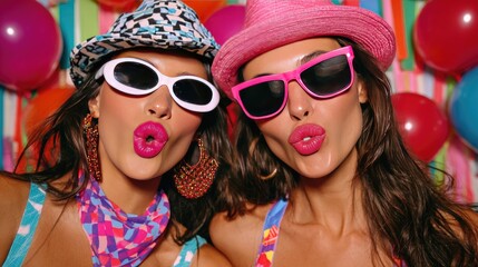 Vibrant Party Vibes: Women in Colorful Fashion with Sunglasses and Hats Against Festive Background