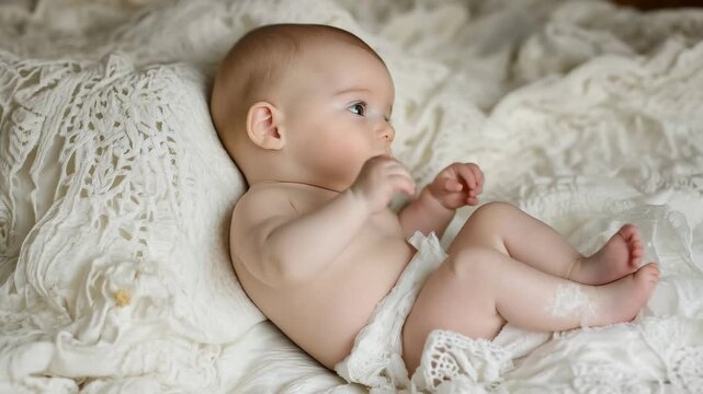Cute baby lying on soft blanket with delicate lace details, cherubic expression and bright curiosity