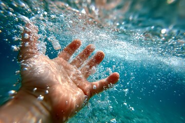 Fototapeta premium Swimmer Reaching Upward Breaking Water Surface from Underwater Perspective