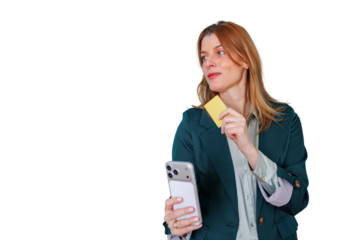 Woman making a secure online purchase using a credit card and smartphone, engaging in digital banking and e-commerce