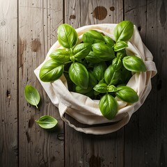 Fresh green herb leaves spill out from an open natural fiber sack resting on weathered wooden planks