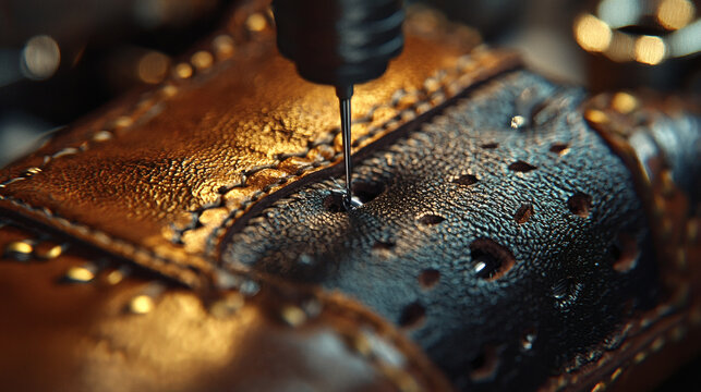 Close-Up of Leather Crafting Process: Stitching and Detailing Art - Powered by Adobe