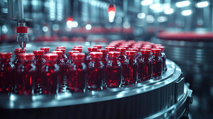 Red Liquid Bottles Processed in Modern Factory Production Line