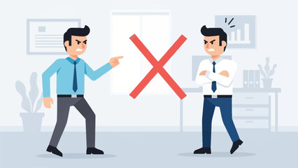 Fototapeta premium A flat design illustration showing two office workers in a clear state of conflict or disagreement, with visual cues indicating tension. This represents common interpersonal issues in the workplace