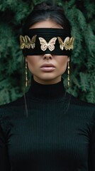 Mystical Woman with Gold Butterfly Blindfold in Nature - Enigmatic Fashion and Art Photography