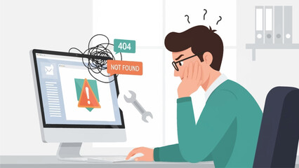A flat design illustration capturing the frustration of an office worker facing technology issues, such as a computer error or network problem