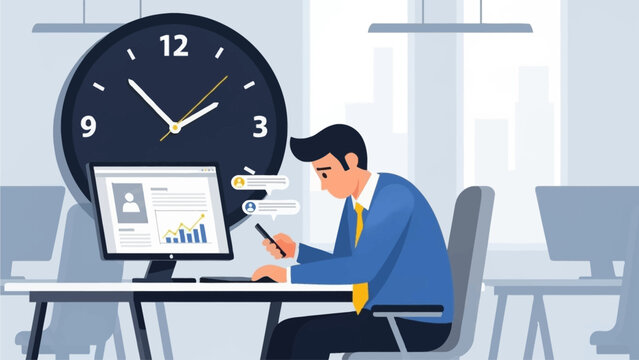 This flat design illustration portrays an office worker procrastinating by using a phone, neglecting urgent tasks and looming deadlines.