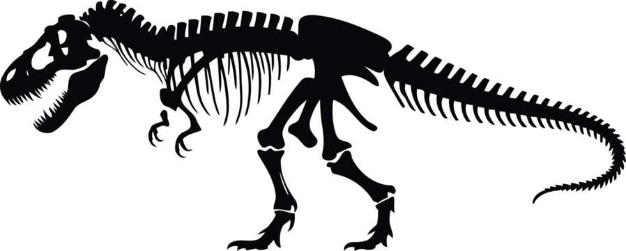 A detailed silhouette of a Tyrannosaurus Rex skeleton stands on a plain white background