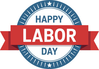 A festive circular badge with a red banner and the message Happy Labor Day